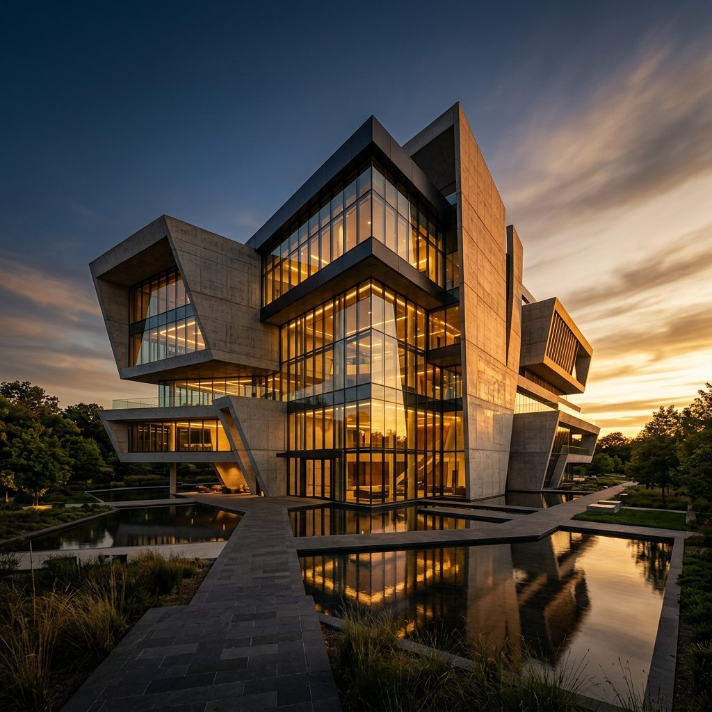Modern monumental architectural structure with clean concrete lines and glass facades at golden hour